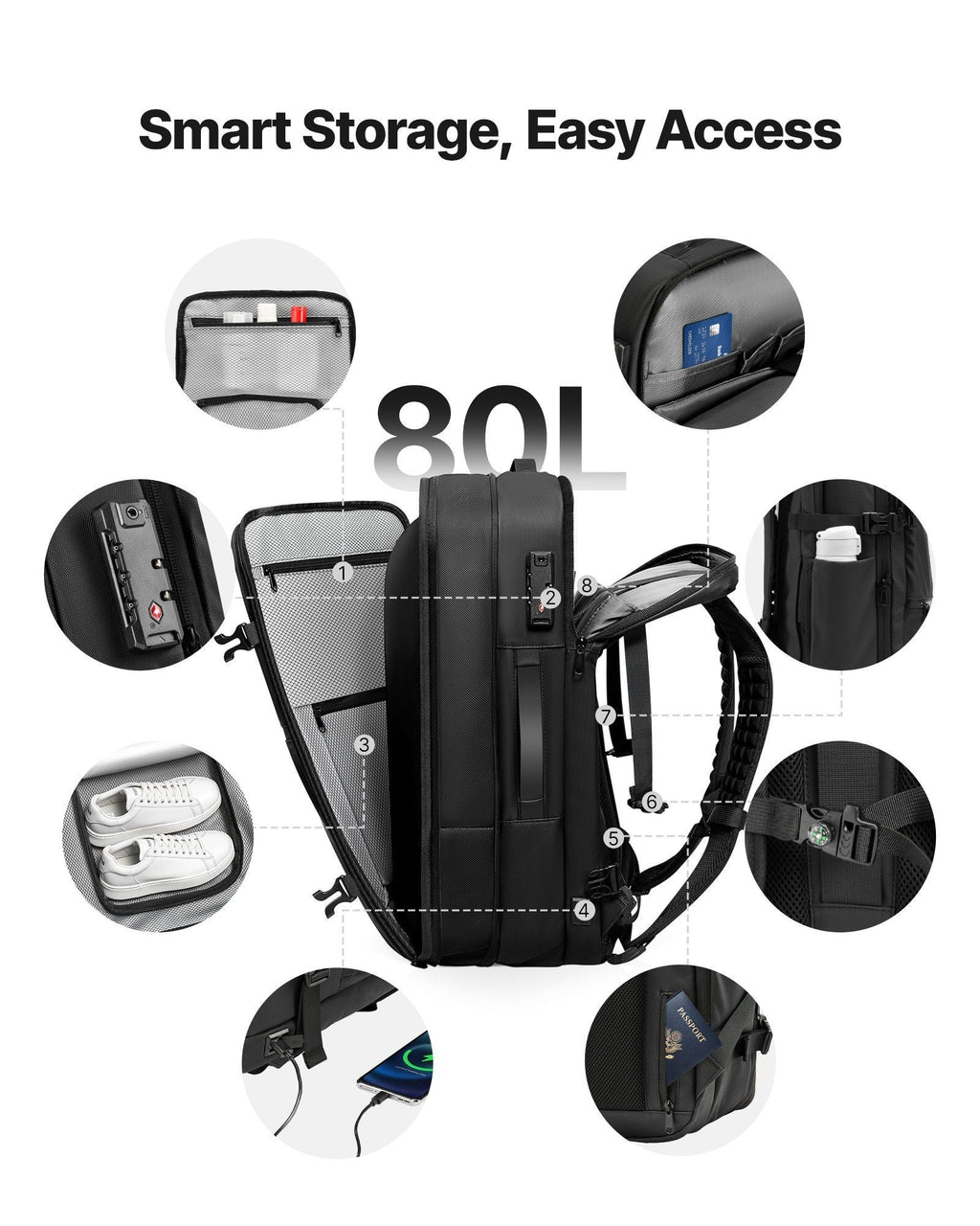 VEVOR Vacuum Travel Backpack, 80L, Expandable Vacuum Seal Compression Travel Backpack with Pump, with TSA-Approved Lock, Airback Vacpack, Water-Resistant Carry-On Suitcase Luggage, for Business, Black